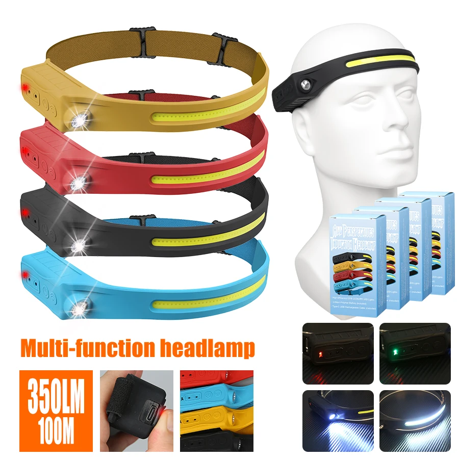 Fishing Headlamp - Wiederaufladbare Stirnlampe, 350 Lumen, Bewegungsmelder, LED-Scheinwerfer,