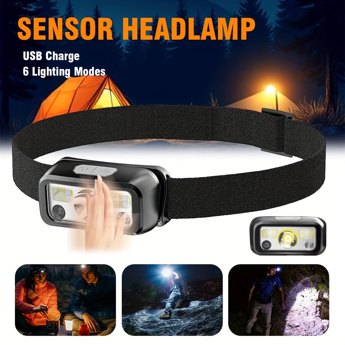 Fishing Headlamp - Leistungsstarke COB-LED-Sensor-Stirnlampe, USB-wiederaufladbar, mit integriertem Akku,