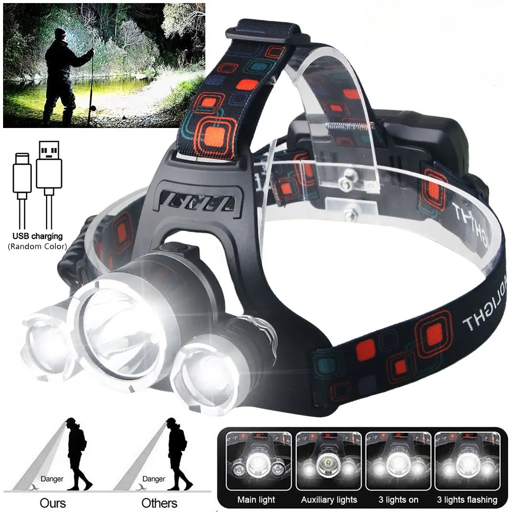 Fishing Headlamp - Hochleistungs-LED-Stirnlampe 18650, wiederaufladbarer Akku, Taschenlampe 90